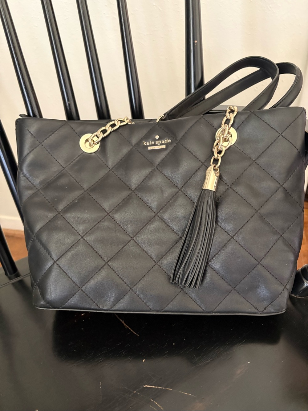 kate spade Black Quilted Leather Tote with Gold Chain and Tassel